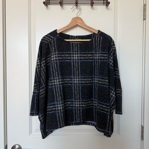 Mango Plaid Navy Blue and White Top